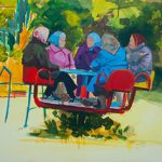 Acrylic painting of five older women, all wearing babushkas, sitting on a child's carousel in a playground.