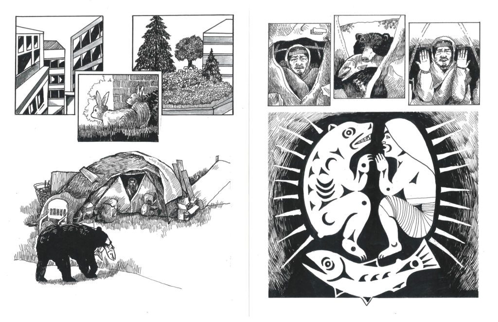 Left page: panels of buildings, rabbits near a brick wall. The bear stops outside the large tent of an unhoused person. Right page: a man peers out of the tent and the bear brings the salmon inside. The man makes the Native gesture with arms raised, palms towards his face. Last panel looks like a carving of the bear, man and salmon together with rays radiating around them.