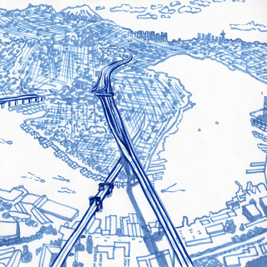 Blue marker drawing of an aerial view of the University Bridge. Boats and kayaks cross under from Lake Union to Lake Washington, I-5 above it all, the cityscape, Space Needle and mountain in the distance.