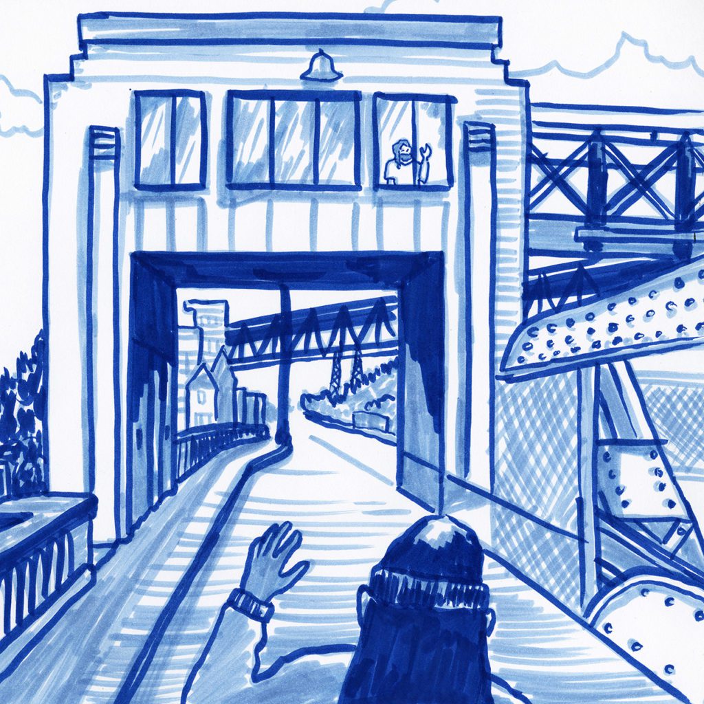Blue marker drawing of a person wearing a face mask inside the bridge tower. They wave to somebody on the sidewalk below with long hair who's wearing a warm hat.