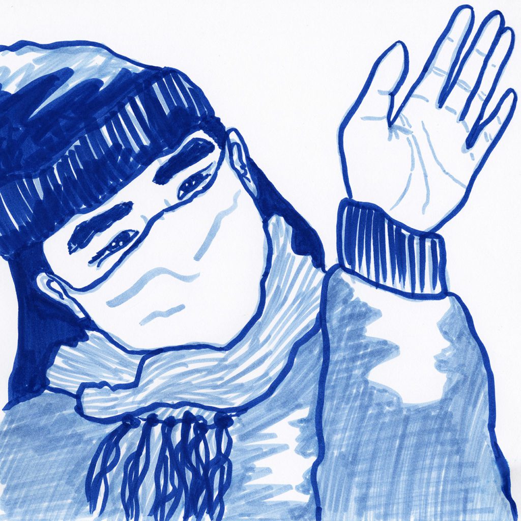 Blue marker drawing: a close up of the person waving back on the sidewalk. Even under their face mask, you can feel the friendliness in their expression. They're wearing a scarf, head tillted up as they wave.