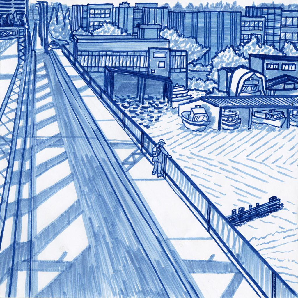 Blue marker drawing from inside the bridge tower, looking down on the sidewalk below. A person with a hat, jacket and backpack stands at the rail and looks down at the water. Boats, house boats and buildings in the near distance.