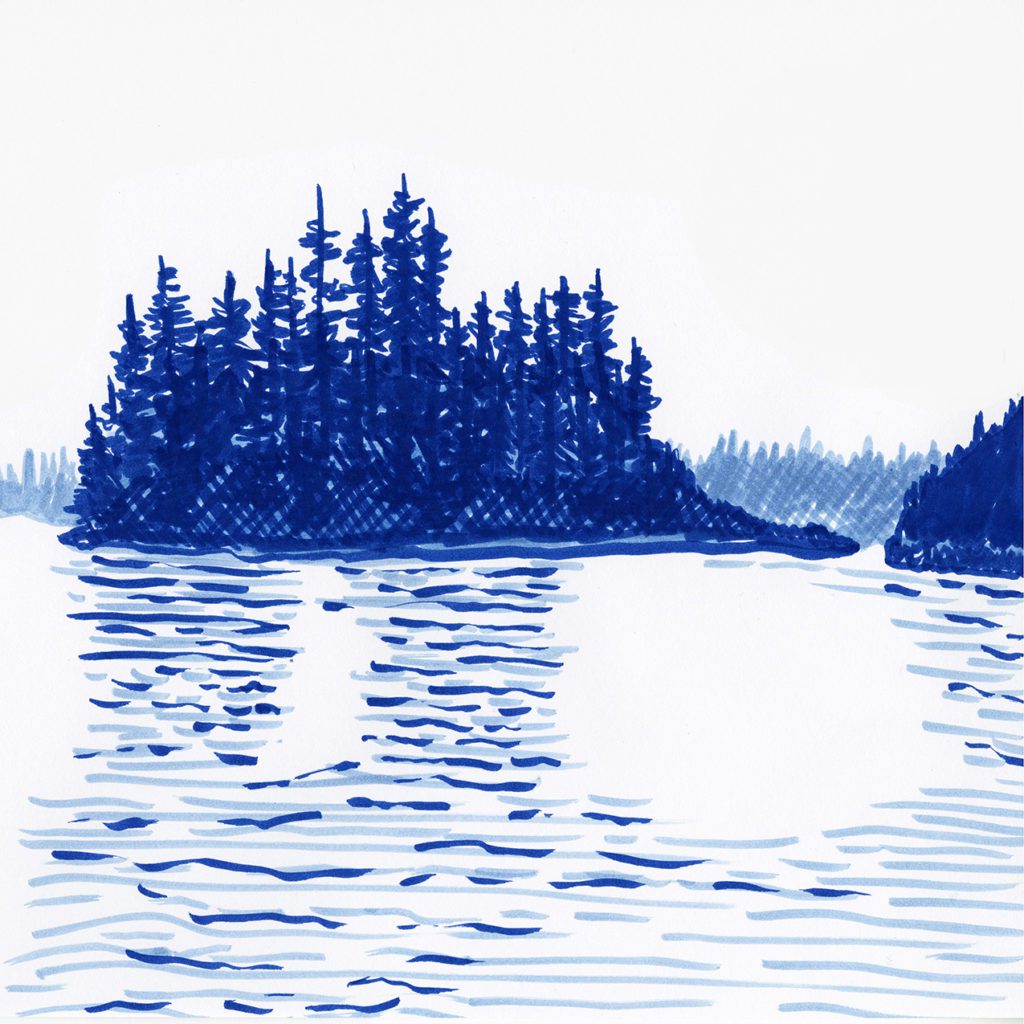 Blue marker drawing of a small island in the water. Evergreens are on it and the surrounding land masses in the distance. The sky is clear.