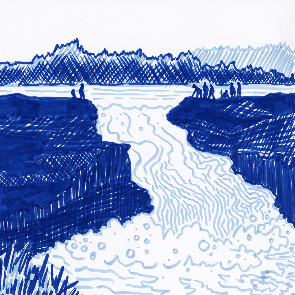 Blue marker drawing of water gushing through a gap in the land. It flows lower as people with tools stand on either side of the gap.