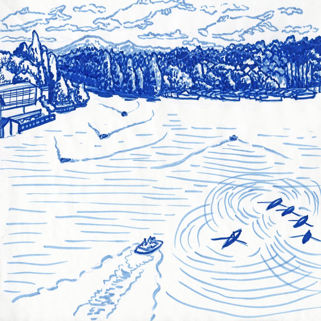 Blue marker drawing above Lake Washington, motor boats and kayaks leave ripples and wakes in the water. Above the buildings, trees and distant mountains, more salmon clouds float.