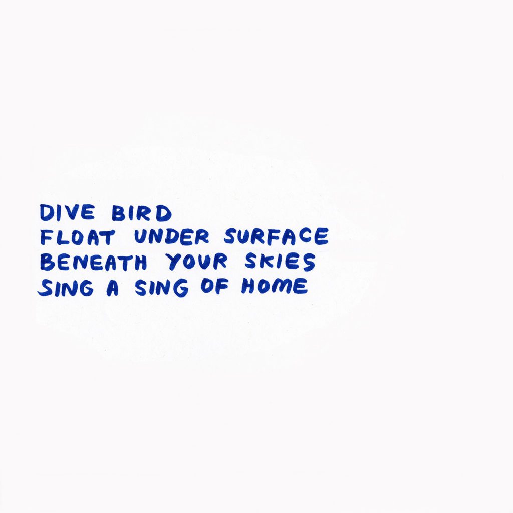 Blue hand written text: Dive bird. Float under surface, beneath your skies. Sing a song of home.