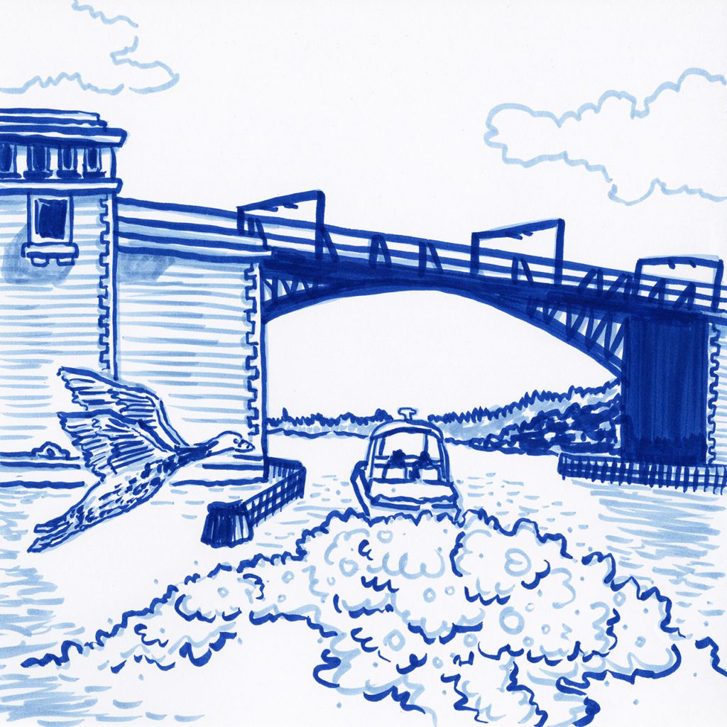 Blue marker drawing from the water. A motor boat speeds to pass under the closed birdge span, leaving a large wake. A water bird (goose? or duck?) flies behind the boat.