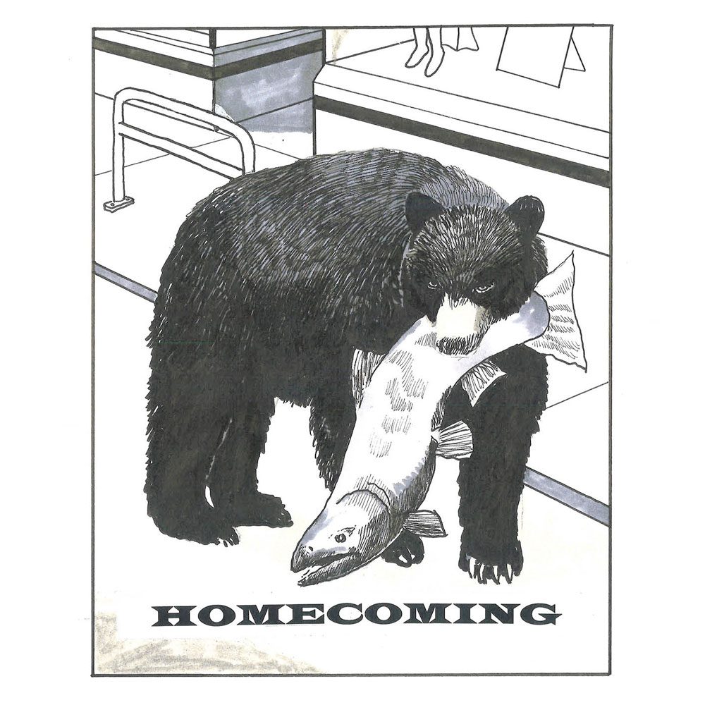 Black ink drawing of a bear standing on a Fremont street, holding a large salmon in its mouth. Below: Homecoming.