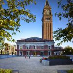 Brick building with a plaza and clocktower