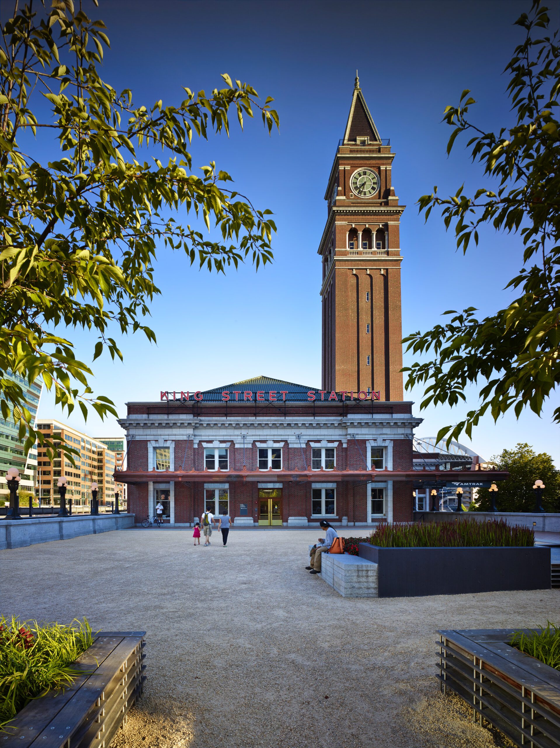 Brick building with a plaza and clocktower