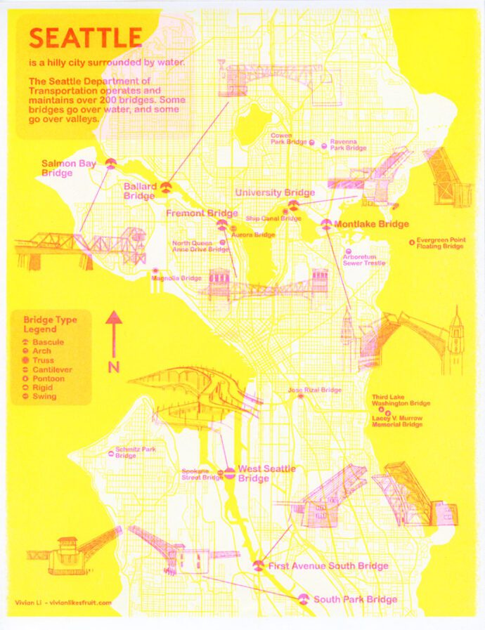 A map of Seattle printed in yellow and fluorescent pink inks. Major bridges are marked and illustrated. "Seattle is a city surrounded by water. The Seattle Department of Transportation operates and maintains over 200 bridges. Some bridges go over water, and some go over valleys."