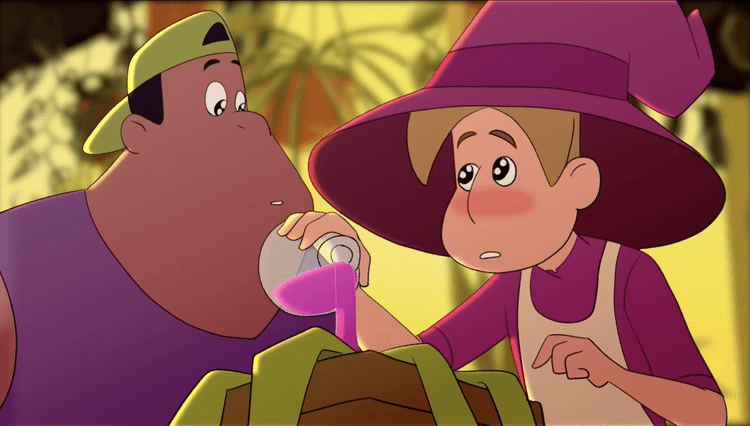 Two cartoon figures in an animated still; the figure on the left wears a purple tank top and green baseball hat worn backwards. The figure on the right wears a purple wizard hat and is pouring a mysterious purple liquid from a glass beaker.