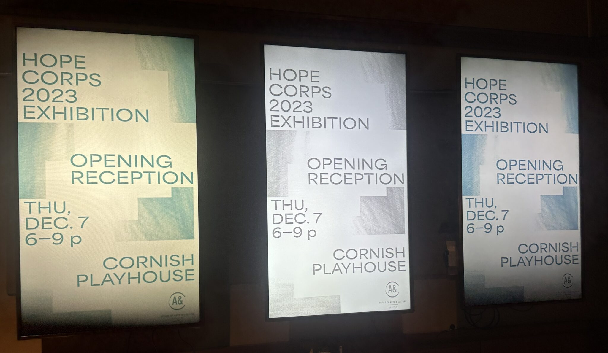 3 posters side by side for the Hope Corps 2023 Exhibition December 7 opening reception at Cornish Playhouse.