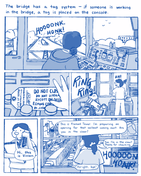Blue and white comic book page featuring the artist working inside a bridge tower.