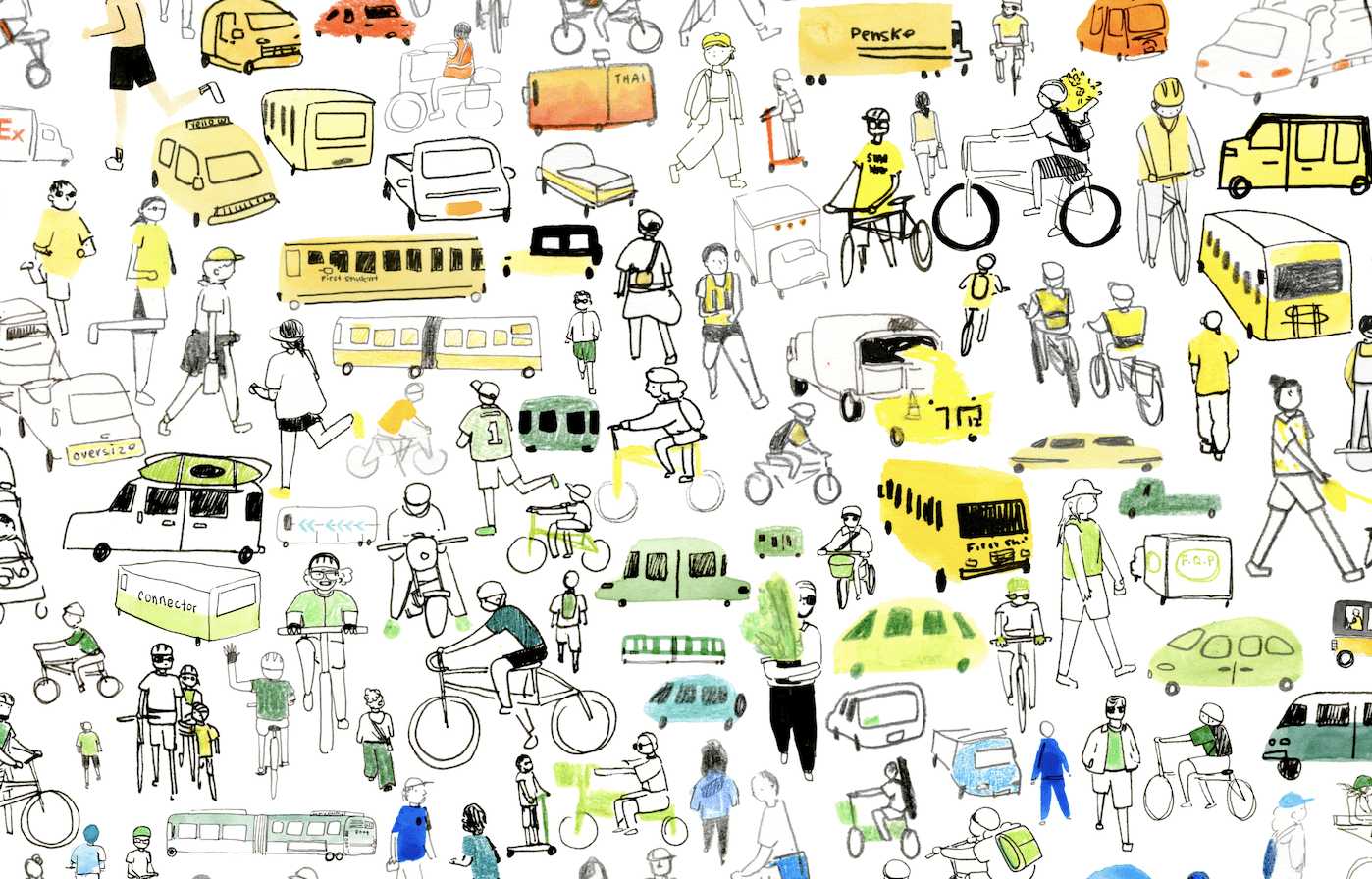 Colorful illustration of many vehicles and people walking and riding bikes and scooters.