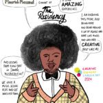 Digital illustration of a young Black person with a large afro, pointing at the viewer with both index fingers: Hi, my name is Flourish Maxzeal. I'm part of the 2022 and 2023 cohort of The Residency. It is an AMAZING experience. I am enjoying this today, just being here and being around a lot of people who have like minds and who are creative just like me. And letting them know that in Seattle, you can do it, OK? We have a music scene here and get involved today.