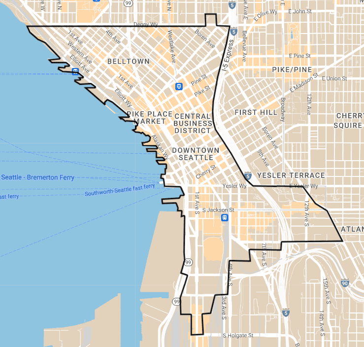 map outlining Seattle's downtown area