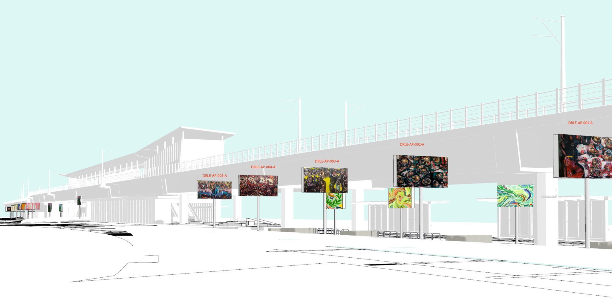 Mock up image of light rail station with billboard containing paintings lining the sides