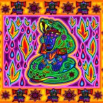 painting of green snake wrapped around a blue person, with an orange border