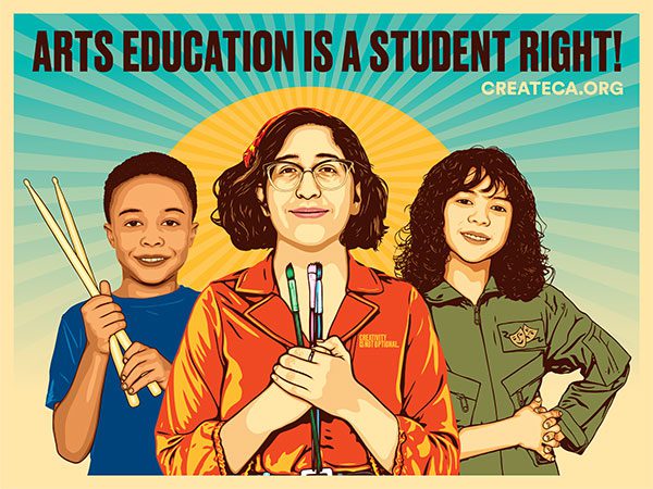 Poster of three kids holding paintbrushes, drum sticks, and a theater patch. Arts education is a student right! Create C A dot org.