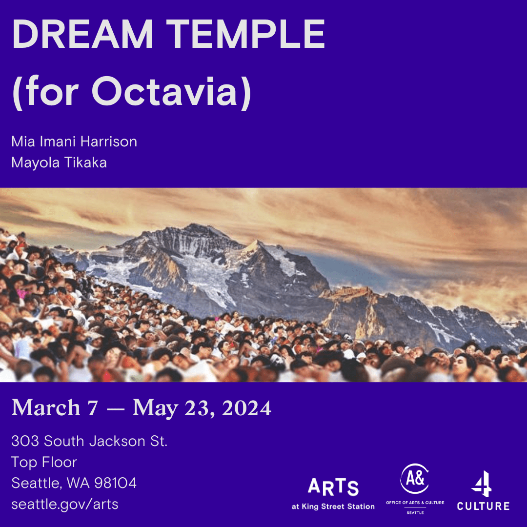 Collage of many people sleeping in a crowd in front of a mountain scape. Dream Temple for Octavia by Mia Imani Harrison and Mayola Tikaka.
