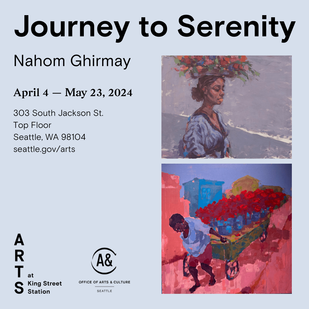 Two paintings stacked. Top painting of a Black woman holding a basket of flowers on her head. Bottom painting of a Black person pulling a cart of red flowers. Journey to serenity by Nahom Ghirmay.