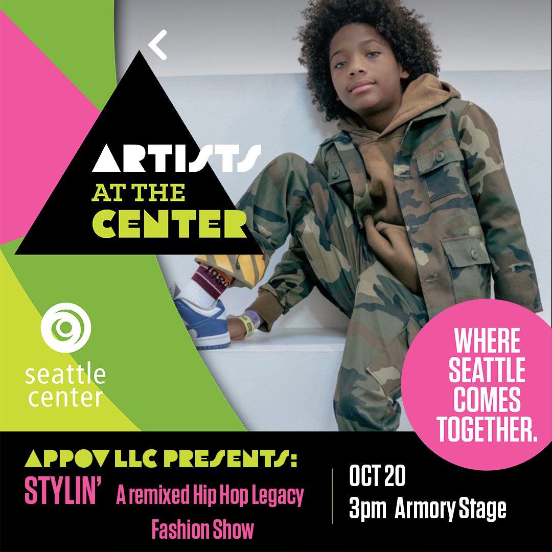 A young Black boy striking a pose for the camera in a stylish outfit. Text reads "Artists at the Center, a personal point of view LLC presents: Stylin', a remixed hip hop legacy fashion show. October 20, 3 p m at the Armory Stage"