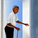 Painting of an elder Black man with a cane opening a door and looking back at the viewer