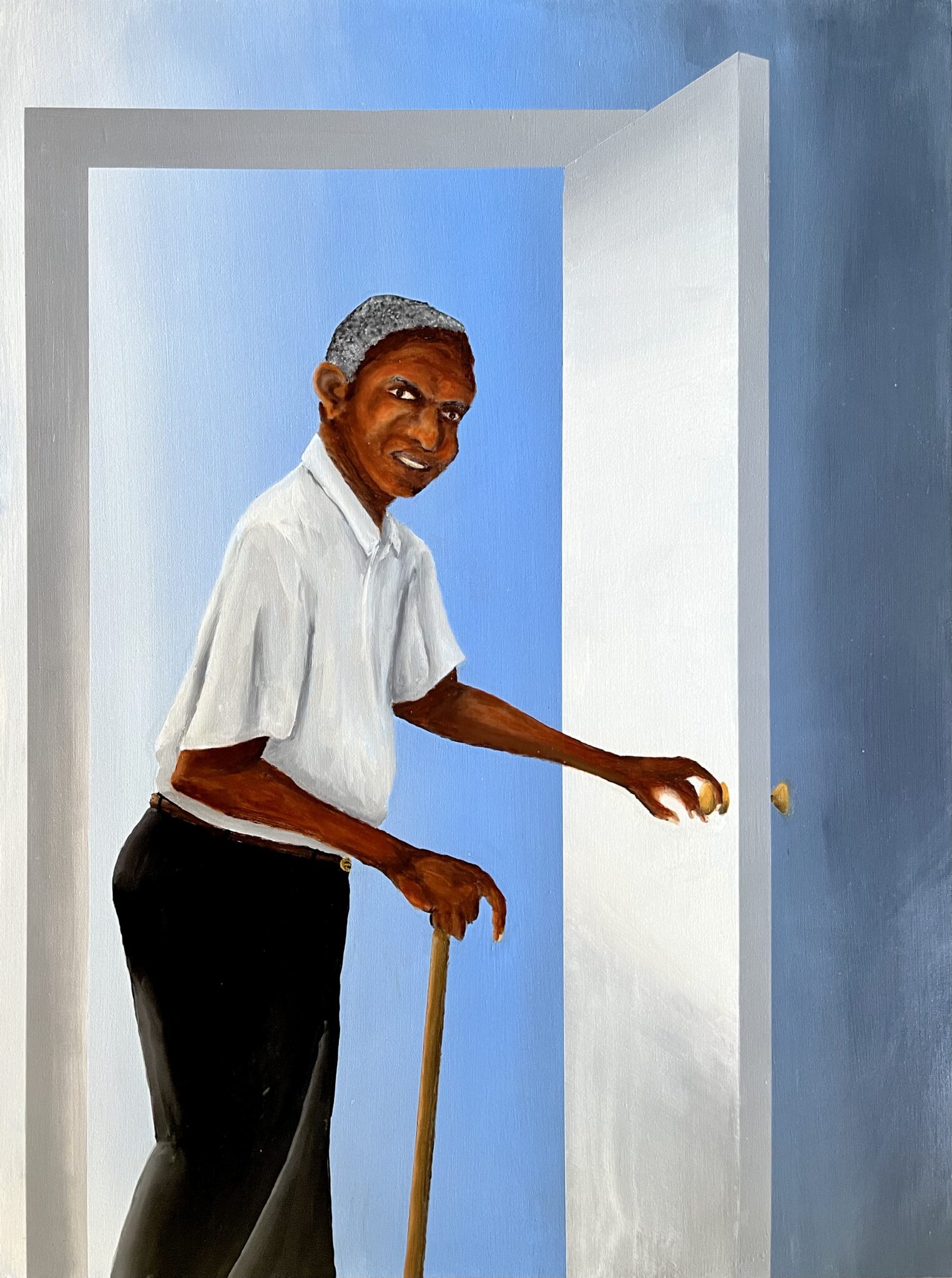 Painting of an elder Black man with a cane opening a door and looking back at the viewer