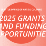 Orange gradient background with curved line designs and white text that reads "2025 Grants and Funding Opportunities."