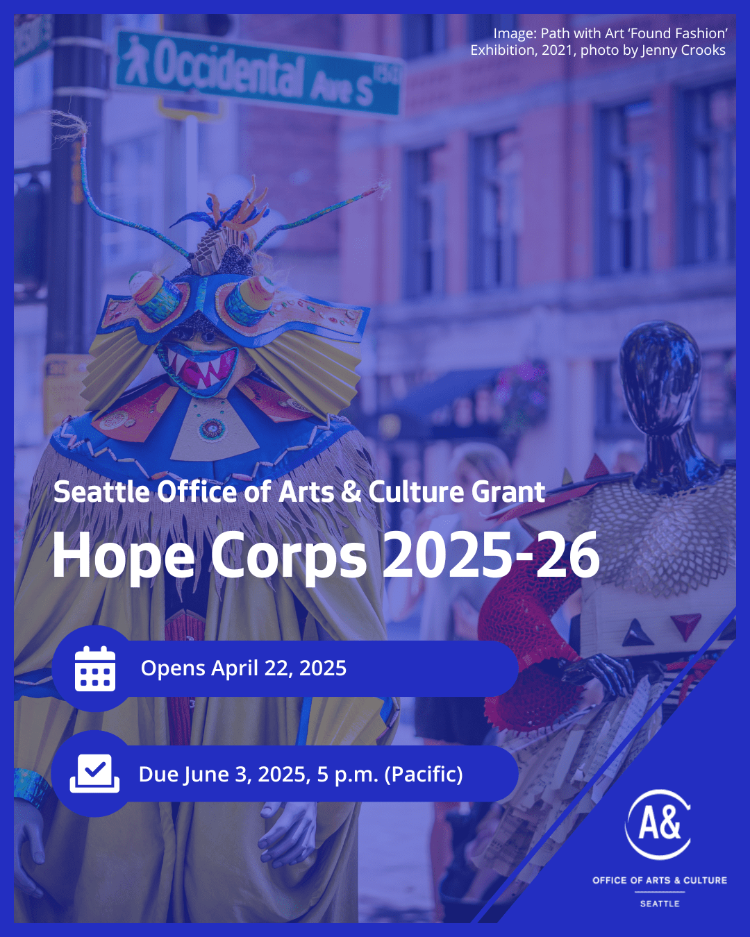 Creative fashion outfits on the street, including a mannequin and a person dressed like a yellow bug. Text reads "Hope Corps 2025-26."