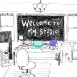 An illustration of an art studio with text that reads "welcome to my studio"