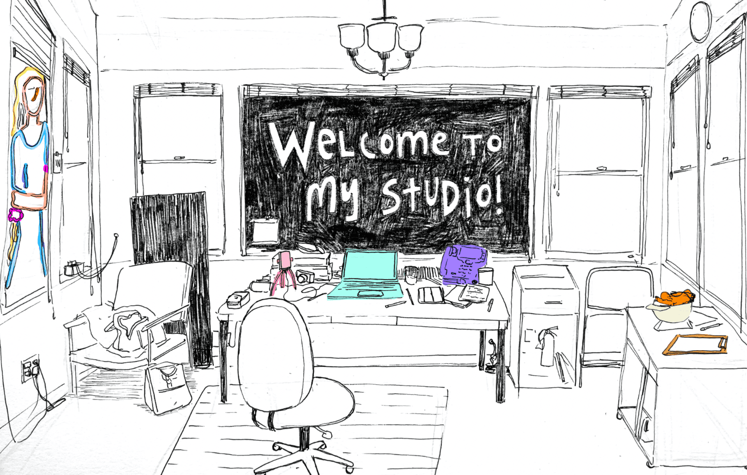 An illustration of an art studio with text that reads 