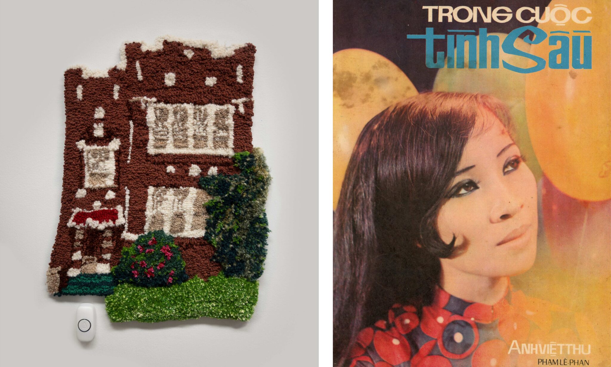 A rug of a house with a doorbell underneath and a Vietnemese album cover
