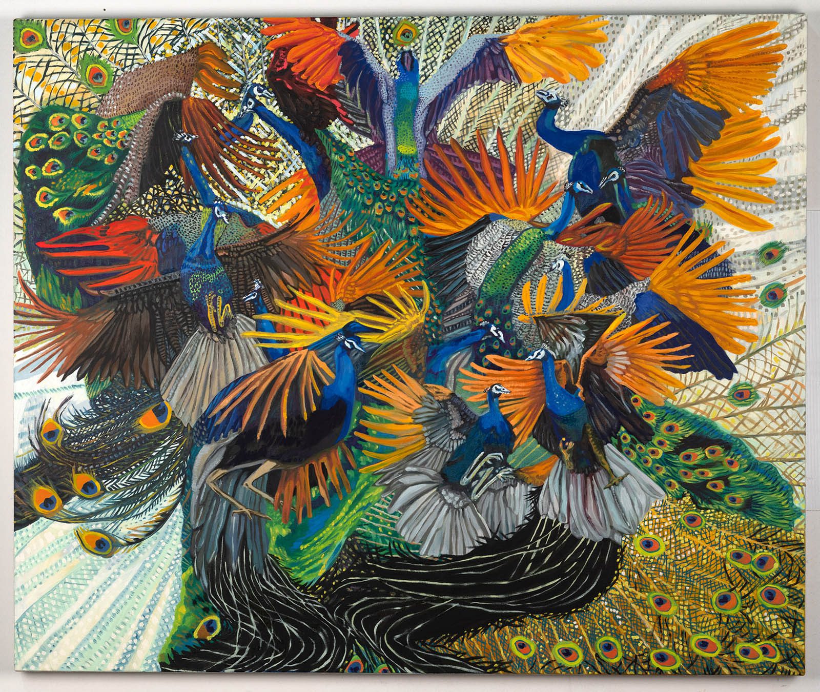 Brightly colored peacocks explode of the canvas.