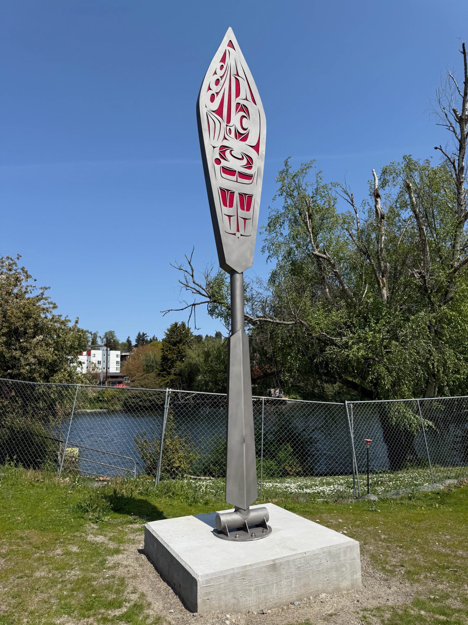 A steel and glass canoe paddle with red coloring stands upright on the bank of the Ship Canal.