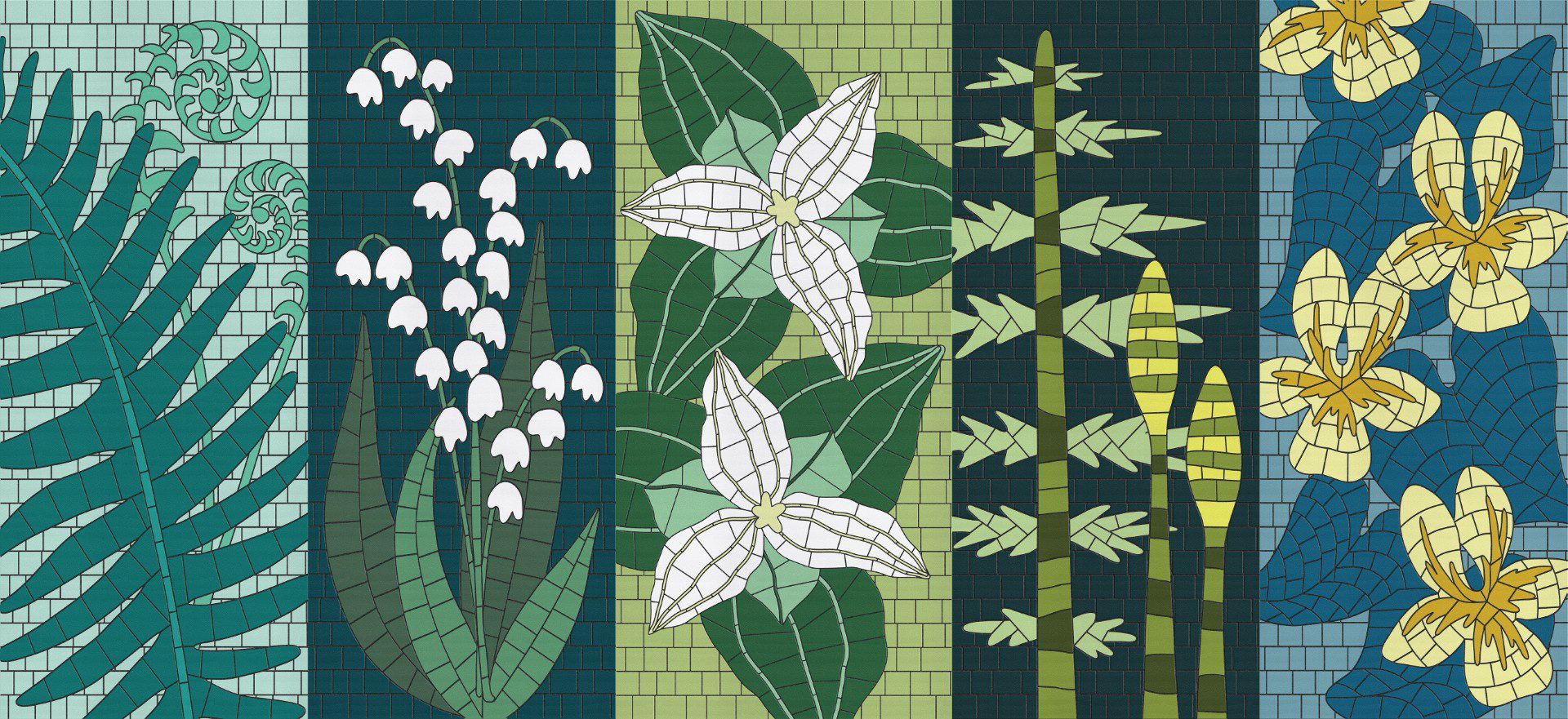 A mosaic tile artwork that features flora in different shades of green and white.