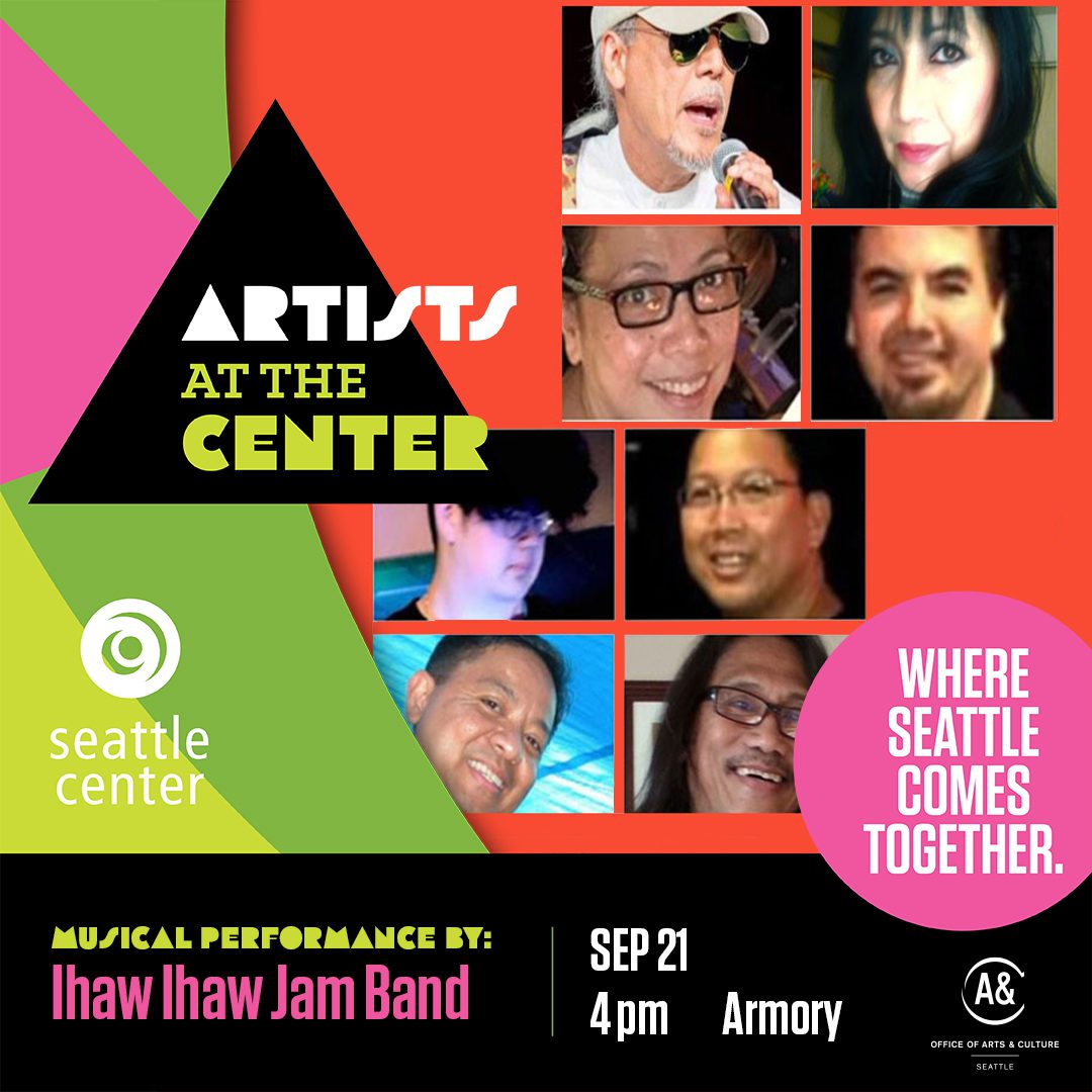 Headshots of 8 Philippine musicians on a red background overlaid with Artists at the Center branding