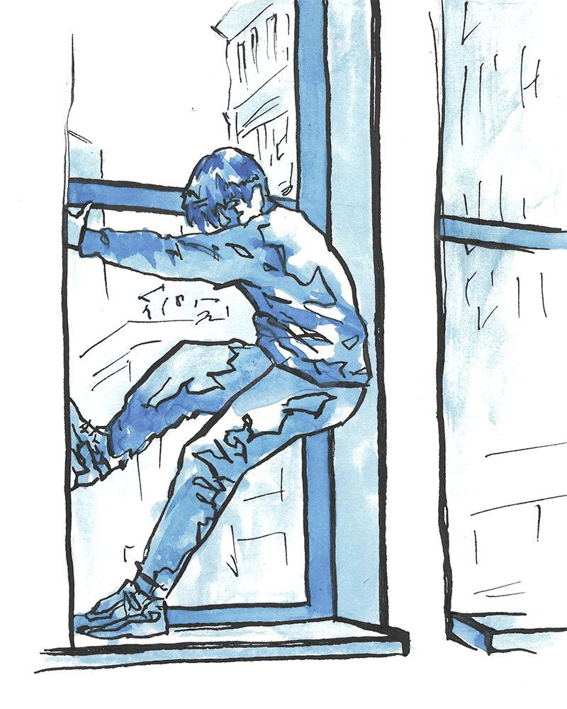 Digital illustration in blue and black of a dancer standing in a window, one foot against the side, head down, and the opposite arm braced against the same wall.