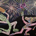 Collage artwork of two Indigenous style figures against a black background. One figure holds a piece of wood and the other sets of fireworks. Colorful fireworks erupt in the sky above.