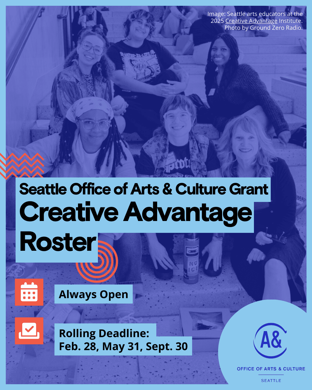 A group of educators sit on steps and smile at the camera. Text reads "Creative Advantage Roster, always open."
