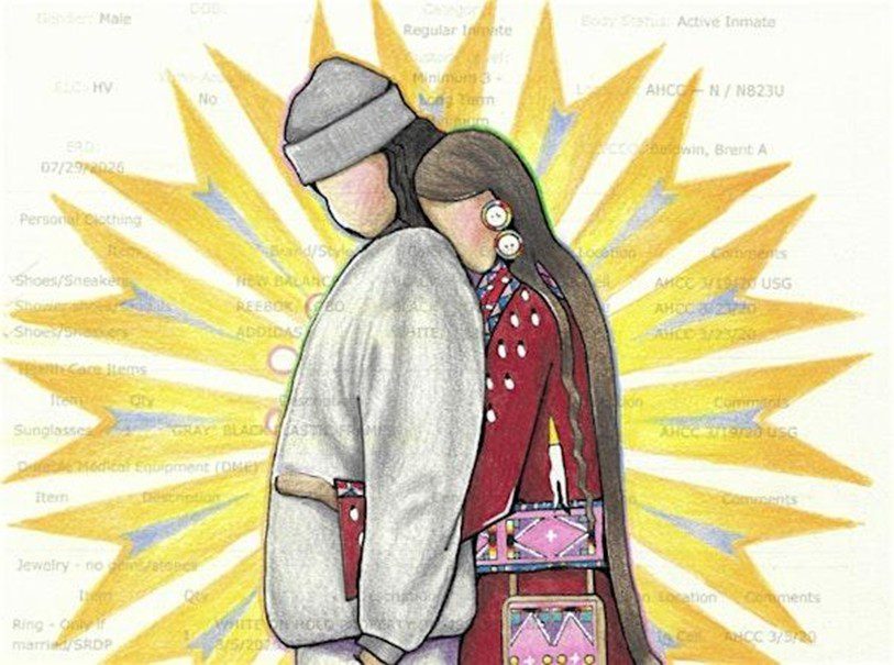 a drawing of a woman hugging someone from behind