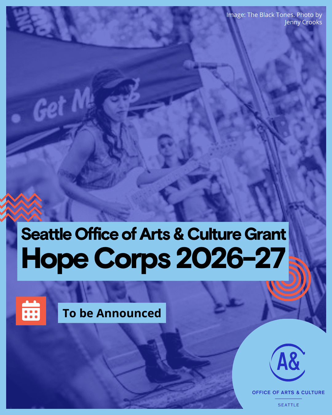 A woman plays the guitar for a crowd. Text reads "Hope Corps 2026-27, to be announced."