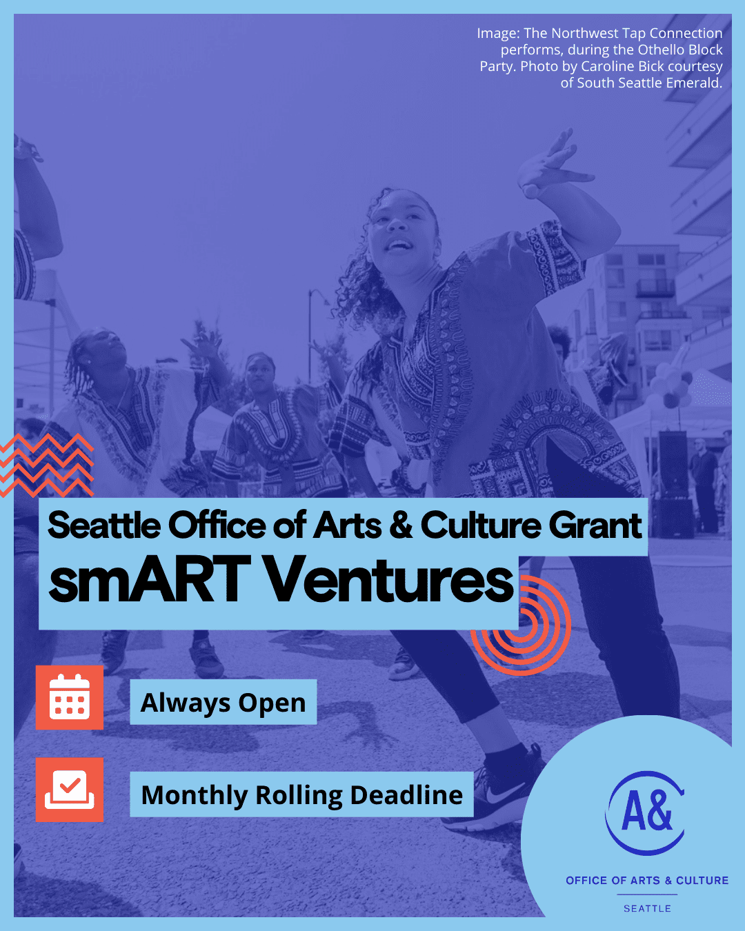 A group of people dancing in the street. Text reads "Smart Ventures, always open, monthly rolling deadline."