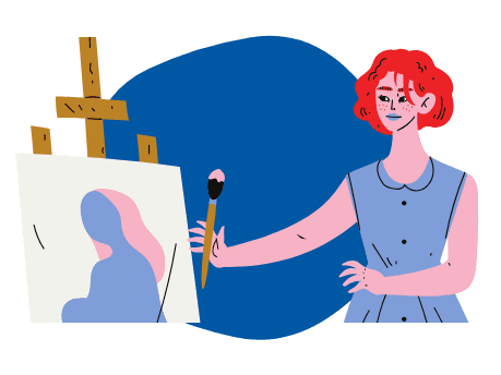 Digital painting of a teenage girl with red hair and pink skin painting on an easel