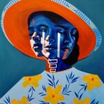 A vibrant painting of a woman in a hat with three faces, each face depicting different emotions.
