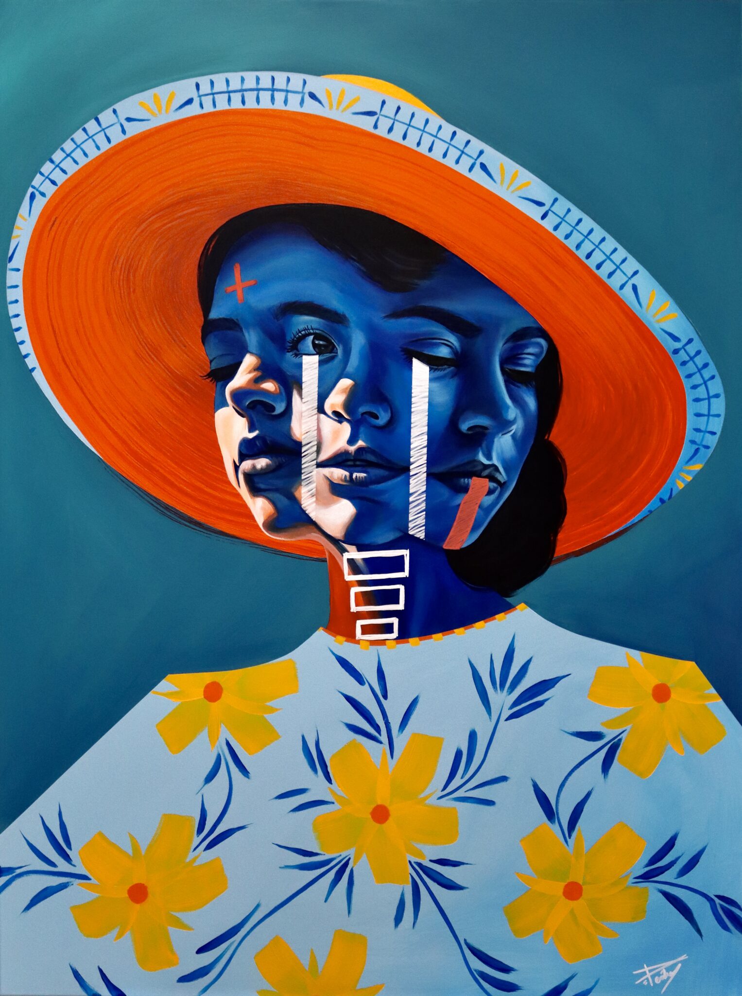 A vibrant painting of a woman in a hat with three faces, each face depicting different emotions.