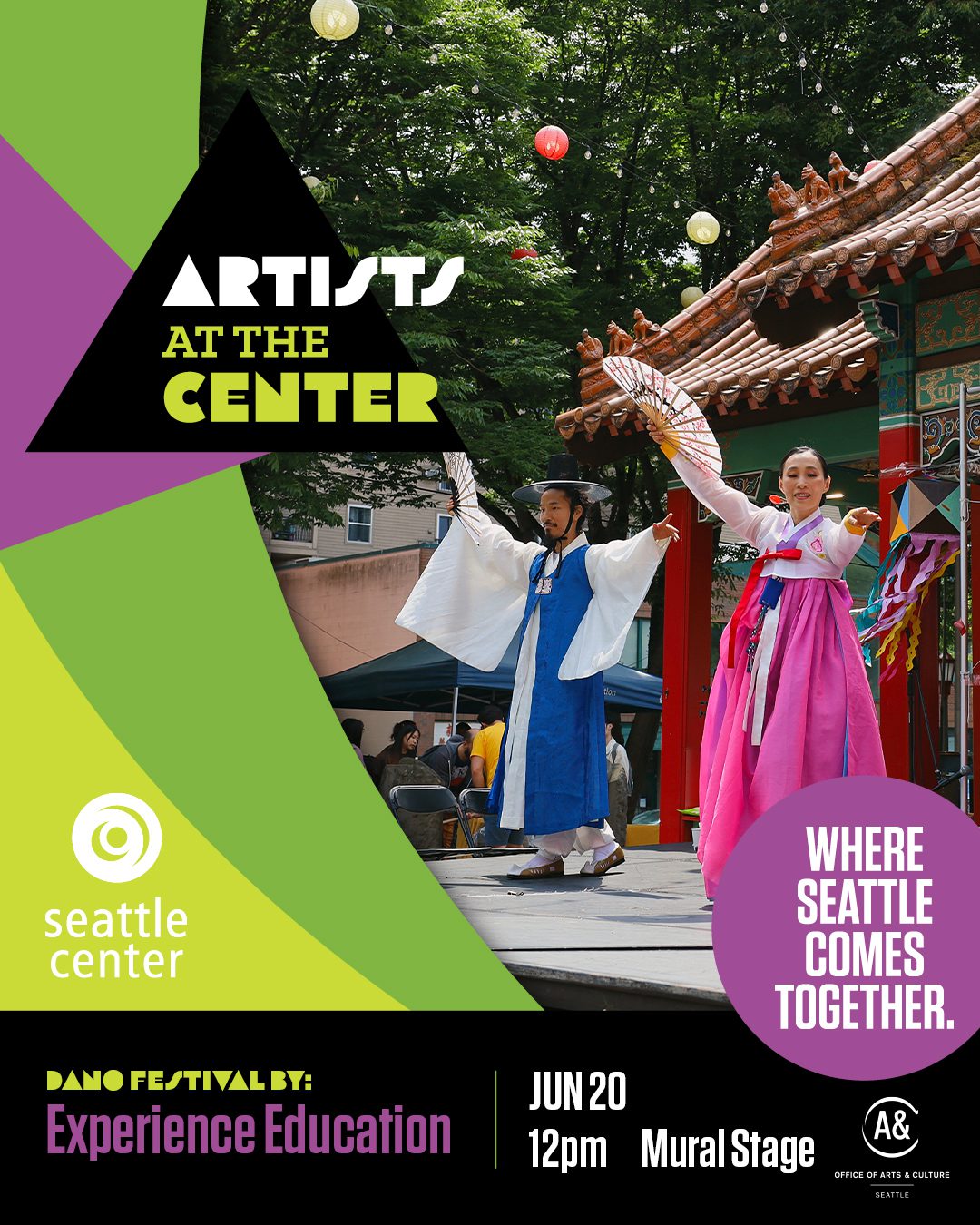 Two people in traditional Corean outfits dance on an outdoor stage with large hand fans. Texts reads "Artists at the Center. Dano Festival by Experience Education."