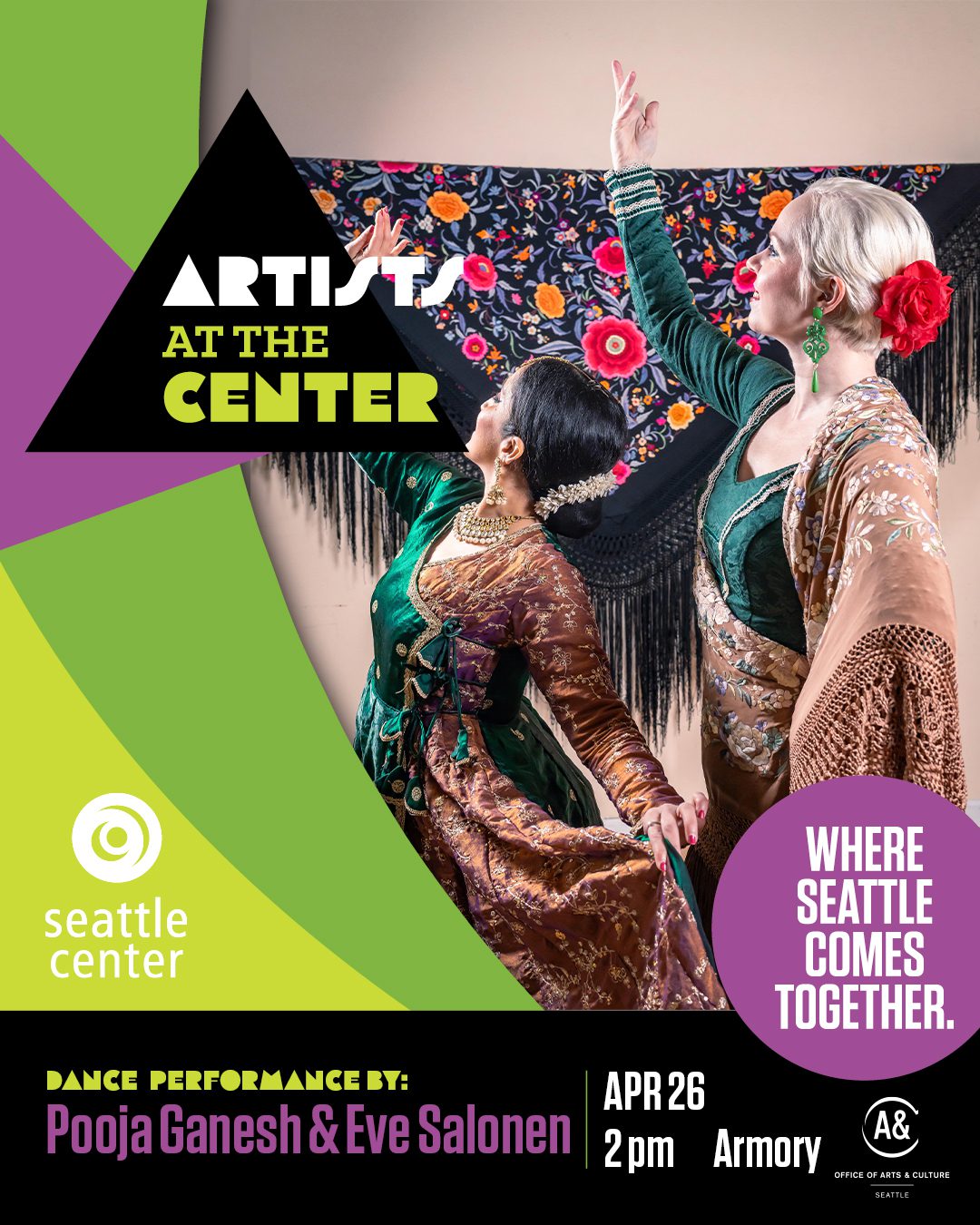 Two women reach up in a dance pose. Text reads "Artists at the Center, dance performance by Pooja Ganesh and Eve Salonen."