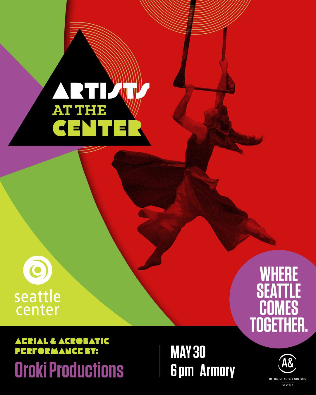 Red photo of person hanging on a bar in flowy clothing. Text reads "Artists at the Center, ariel and acrobatic performance by Oroki Productions."
